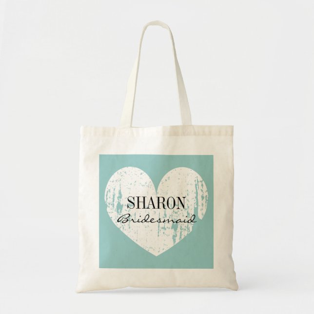 Teal blue weathered heart bridesmaid tote bag (Front)