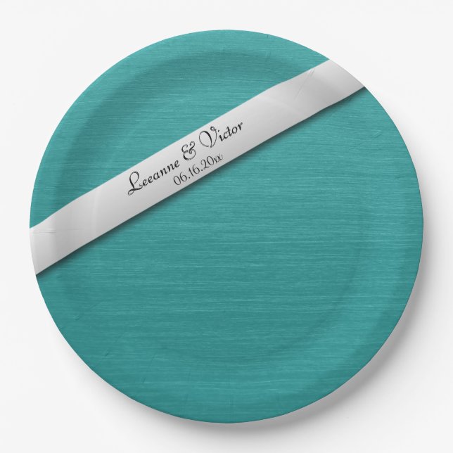 Teal Blue Wedding Bells Personalized Paper Plate (Front)