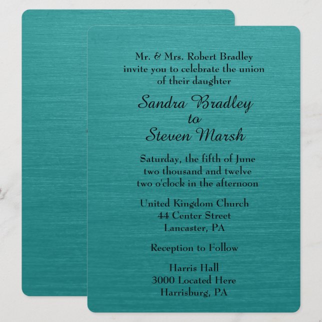 Teal Blue Wedding Invitation (Front/Back)