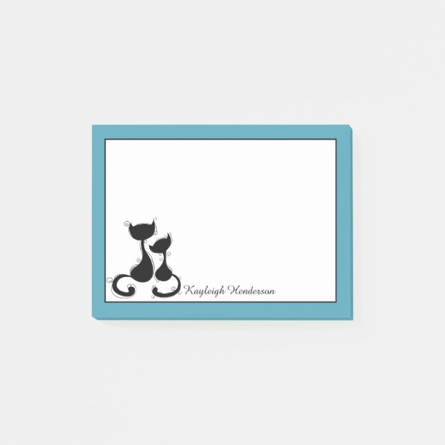 Teal Blue White Black Cats Silhouette Personalized Post-it Notes (Front)