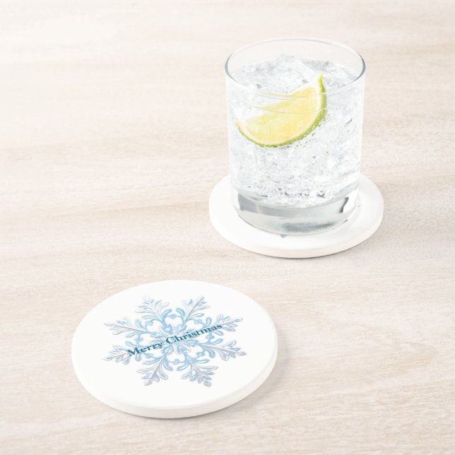 Teal Blue White Christmas Snowflake Coaster (Side)