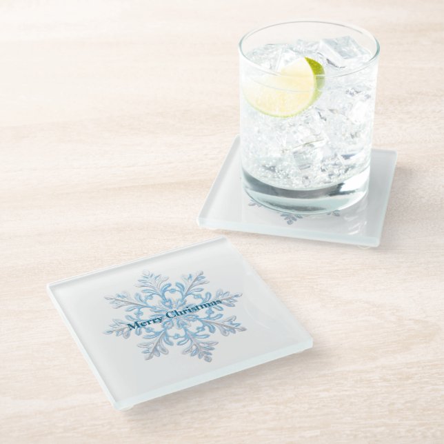 Teal Blue White Christmas Snowflake Glass Coaster (Angled)
