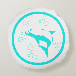 Teal blue white DOLPHIN bubbles nautical Round Pillow
