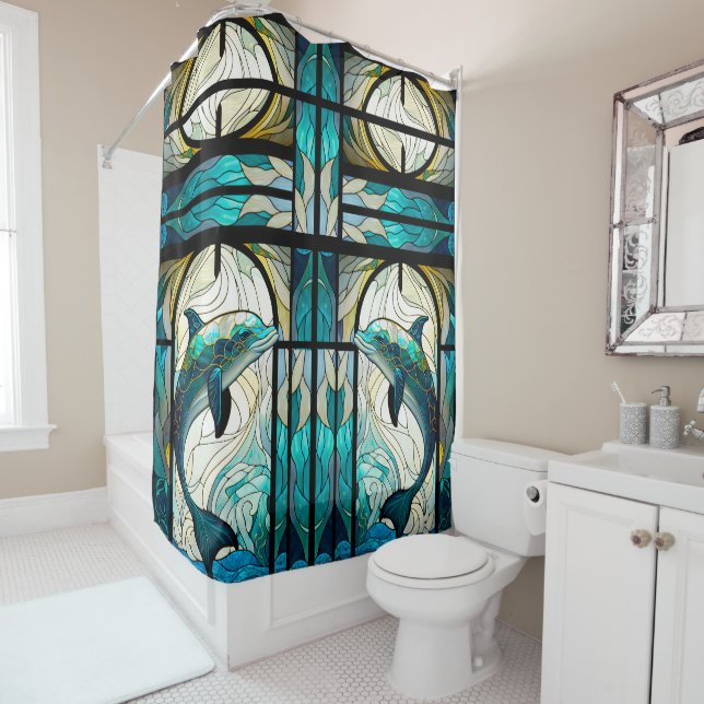Teal Blue White Dolphin Look of Stained Glass (In Situ)