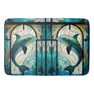 Teal Blue White Dolphin Look of Stained Glass Bath Mat