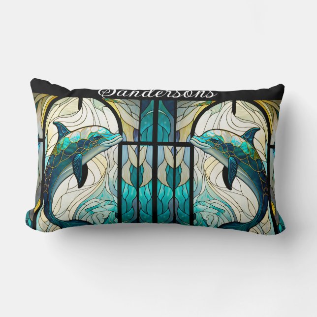 Teal Blue White Dolphin Look of Stained Glass Lumbar Pillow (Front)