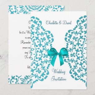 Teal Blue White Elegant Classy Lace Wedding Invitation