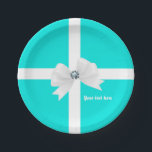 Teal Blue & White Elegant Glam Diamond Bow Paper Plate<br><div class="desc">Matching items are available.</div>