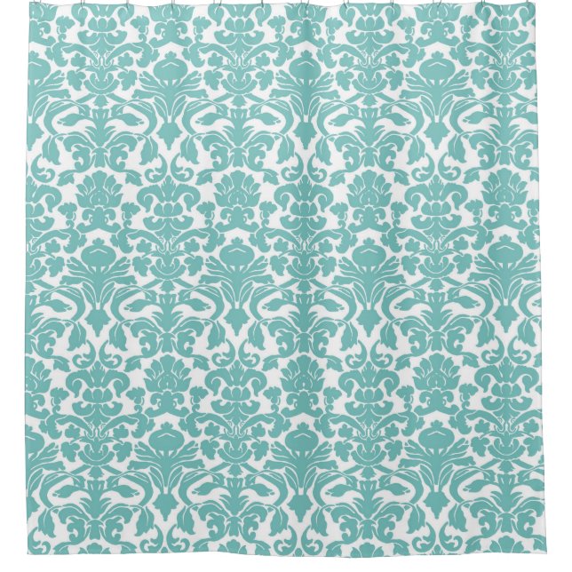 Teal Blue White Floral Damask Shower Curtain (Front)