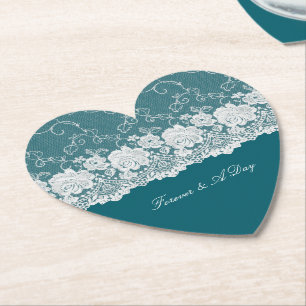 Teal Blue White Floral Lace Wedding Paper Coaster