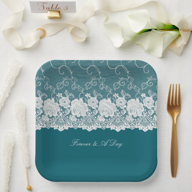 Teal Blue White Floral Lace Wedding Paper Plate (Wedding)