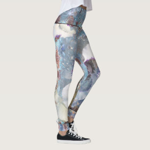 Teal Blue White Floral Leggings