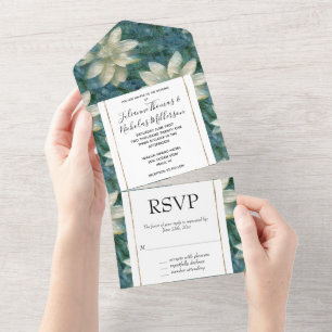 Teal Blue White Floral Wedding All In One Invitation