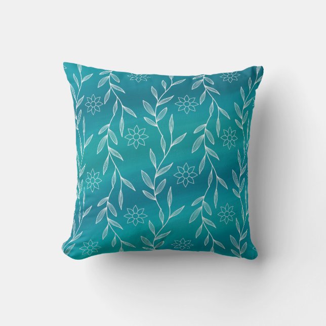 Teal Blue White Flowers Leaves Botanical Foliage  Throw Pillow (Front)