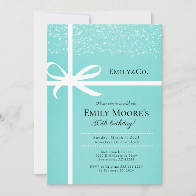 Teal Blue & White Gift Birthday Party Invitation (Front)