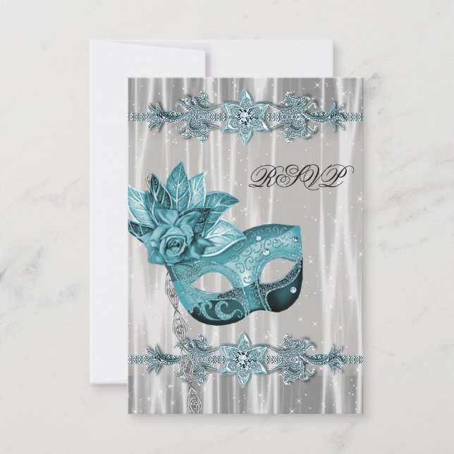 Teal Blue White Masquerade Party RSVP (Front)