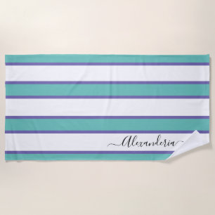 Teal blue White Modern Preppy Stripes pool or Beach Towel