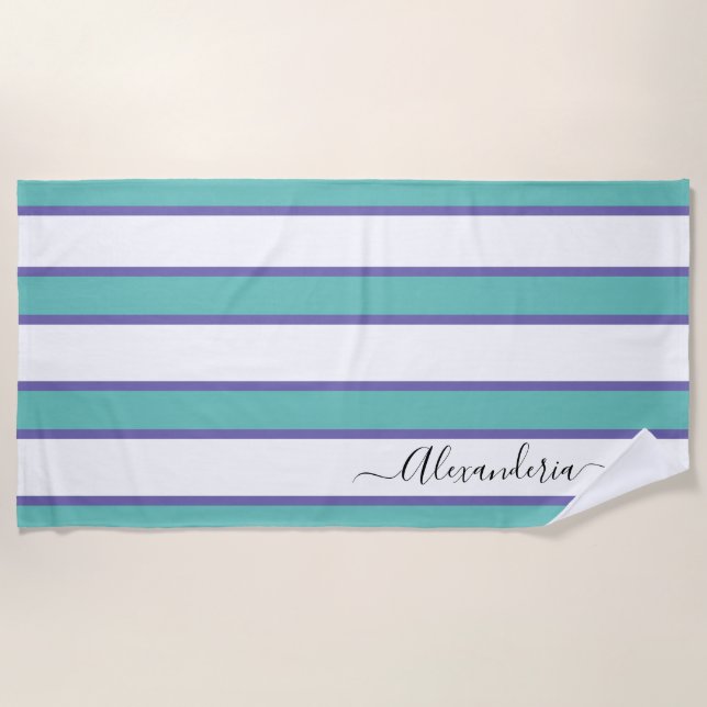 Teal blue  White Modern Preppy Stripes  pool or Beach Towel (Front)