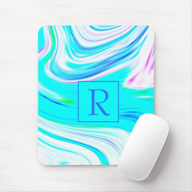 Teal Blue White Pink Waves Abstract Monograms Mouse Pad (With Mouse)