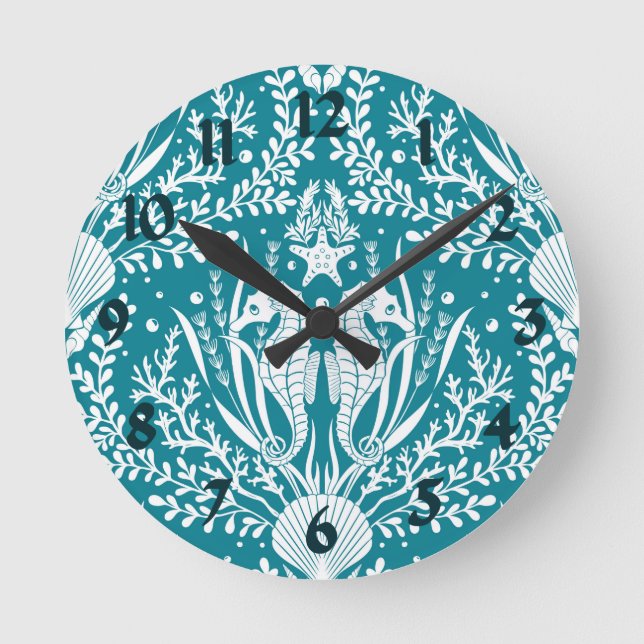Teal Blue White Seahorses Ocean Sea Life Coastal Round Clock (Front)