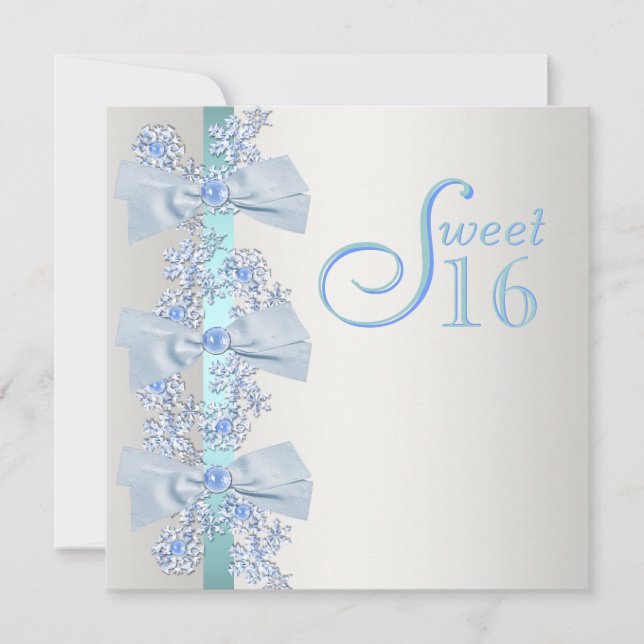 Teal Blue White Snowflake Sweet Sixteen Birthday Invitation (Front)