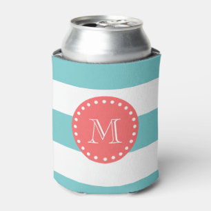 Teal Blue White Stripes Pattern, Coral Monogram Can Cooler