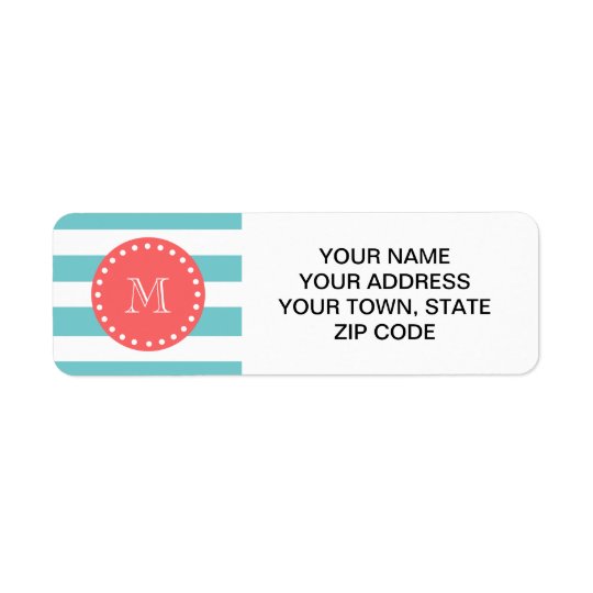 Teal Blue White Stripes Pattern, Coral Monogram Return Address Label