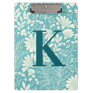Teal Blue White Vintage Floral Pattern Monogram   Clipboard