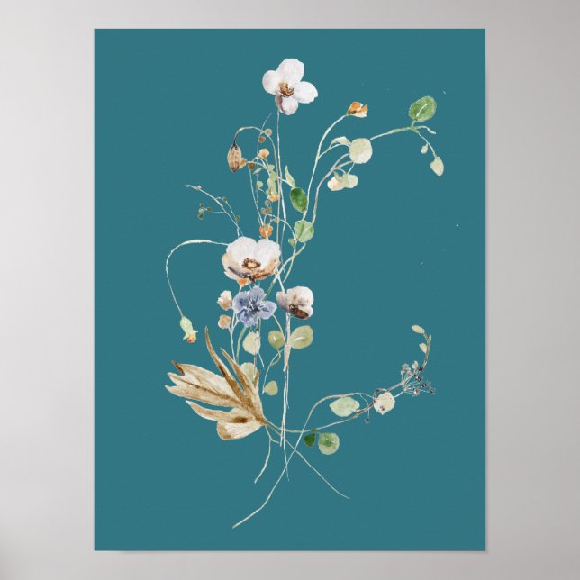 Teal Blue Wildflower Field Flower Watercolor Poster (Front)