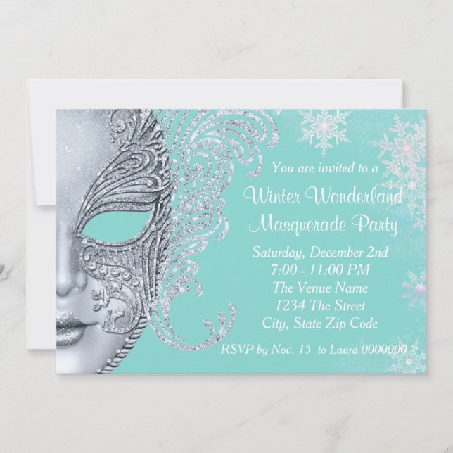 Teal Blue Winter Wonderland Masquerade Party Invitation (Front)