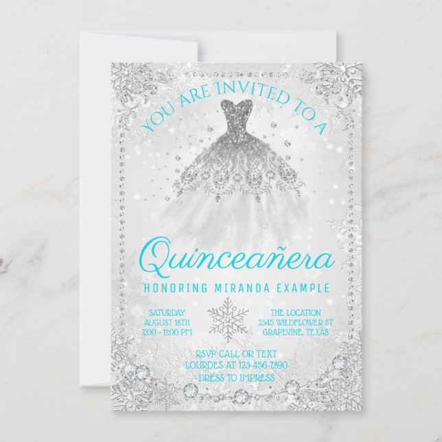 Teal Blue Winter Wonderland Snowflake Quinceanera Invitation (Front)