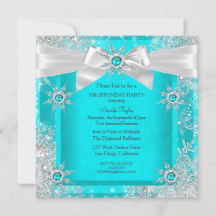 Teal Blue Winter Wonderland Snowflake Silver Bow 2 Invitation