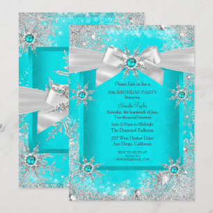 Teal Blue Winter Wonderland Snowflake Silver Bow 2 Invitation