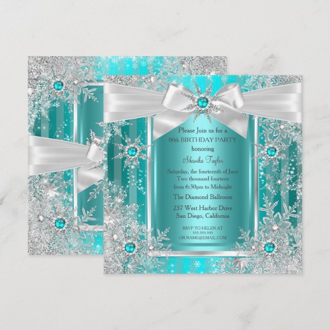 Teal Blue Winter Wonderland Snowflake Silver Bow Invitation (Front/Back)