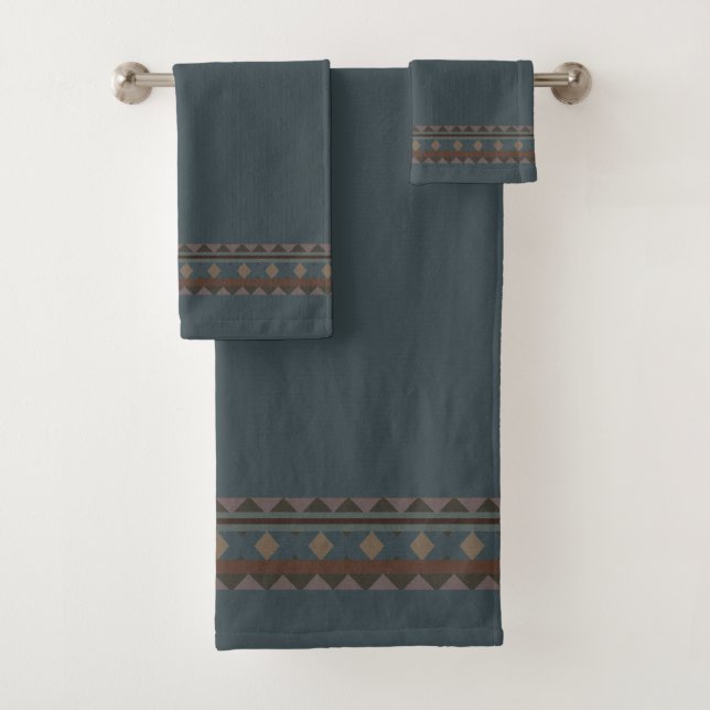 Teal Blue with Aztec Geometric Design Stripe Bath Towel Set (Insitu)