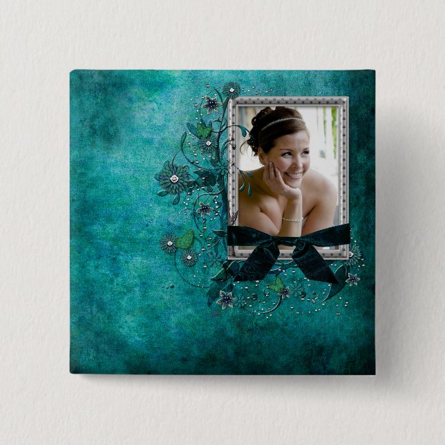 Teal blue with flowers photo template 2 inch square button (Front)