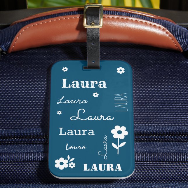 Teal Blue with White Flowers, Customized Luggage Tag (Front Insitu 2)