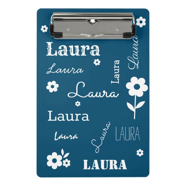 Teal Blue with White Flowers, Customized Mini Clipboard (Front)
