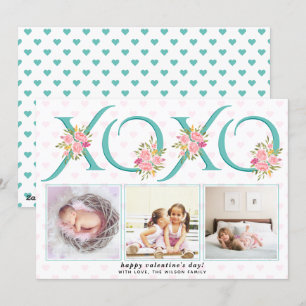 Teal blue XOXO Pink roses photo Valentines Day Holiday Card