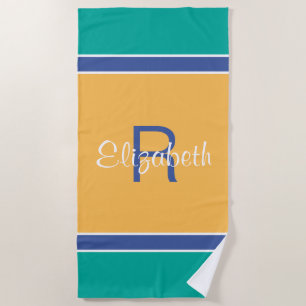 Teal Blue Yellow Custom Monogrammed Name Initial Beach Towel