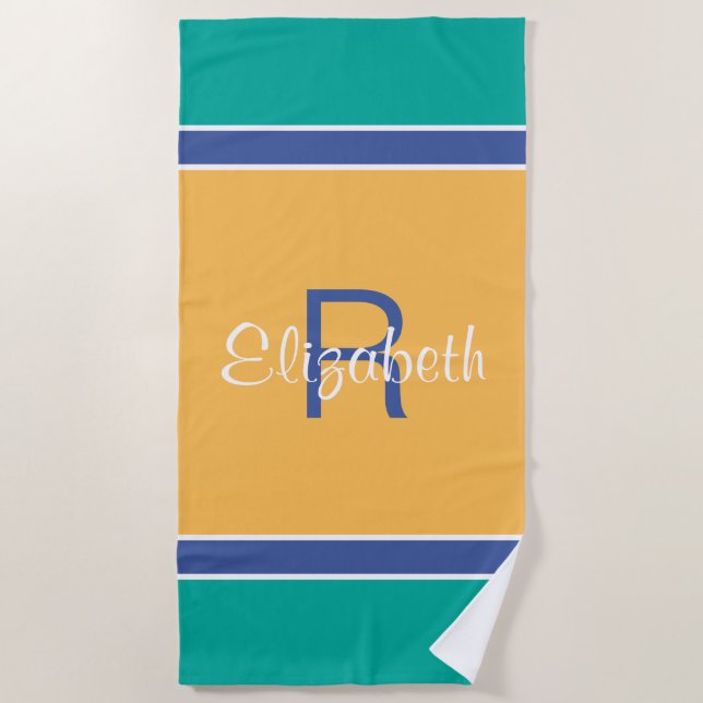 Teal Blue Yellow Custom Monogrammed Name Initial Beach Towel (Front)