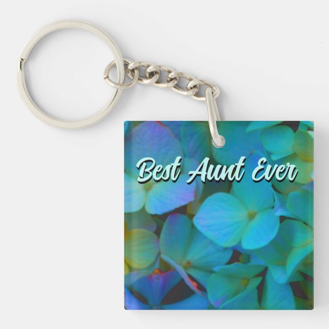 Teal blue yellow pink hydrangeas flowers best aunt keychain (Front)