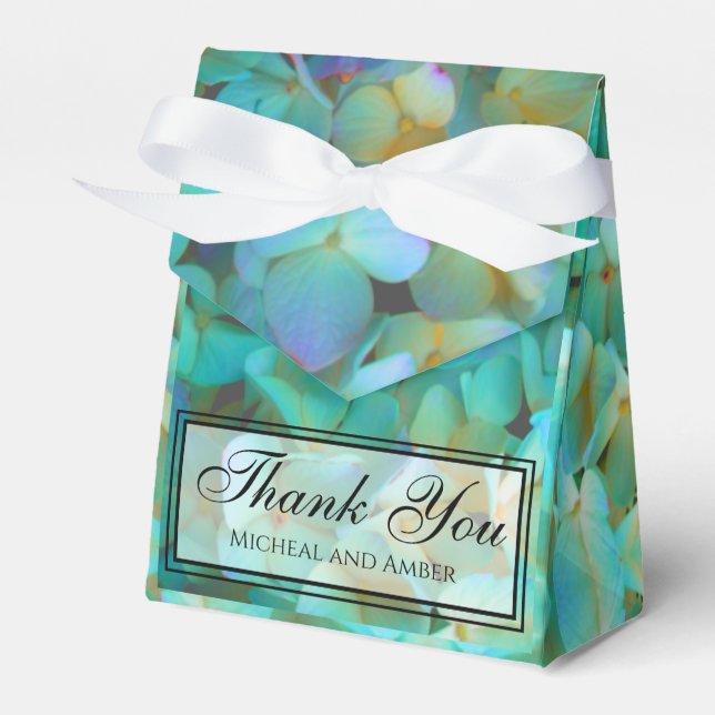 Teal blue yellow pink hydrangeas flowers favor box (Front Side)
