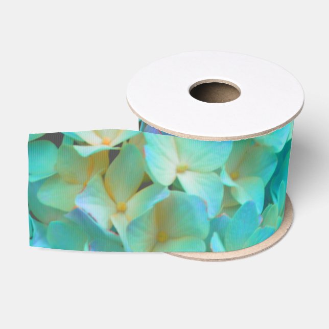 Teal blue yellow pink hydrangeas flowers floral grosgrain ribbon (Spool)