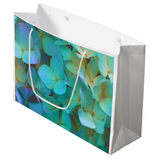 Teal blue yellow pink hydrangeas flowers floral large gift bag (Front Angled)