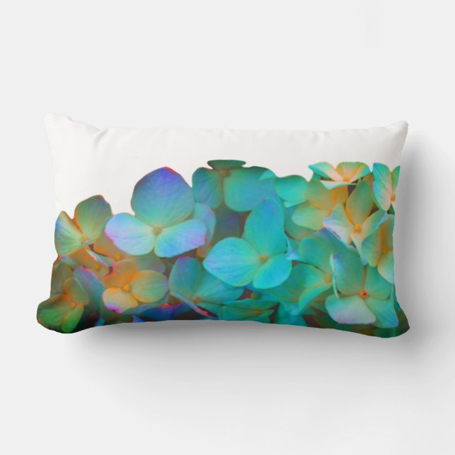 Teal blue yellow pink hydrangeas flowers floral lumbar pillow (Front)