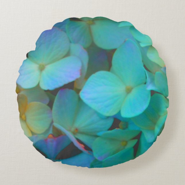Teal blue yellow pink hydrangeas flowers floral round pillow (Front)