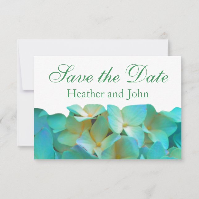 Teal blue yellow pink hydrangeas flowers floral save the date (Front)