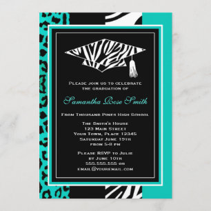 Teal Blue Zebra and Leopard Print Graduation Invitation