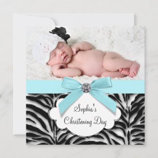 Teal Blue Zebra Baby Girl Photo Christening Invitation